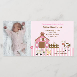 Roze Barn-dieren Foto van Birthday / Birth Card Aankondiging