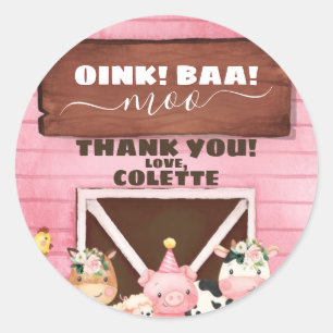 Roze Barn Oink Baa Moo Farm Animals Ronde Sticker