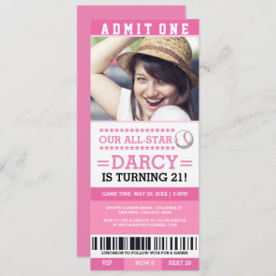Roze Baseball Ticket Birthday Invites Kaart