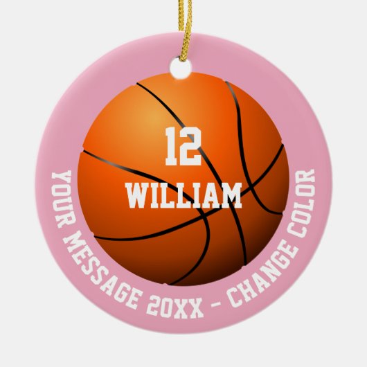 Roze Basketbal met Op Maat Gemaakte Naam en Berich Keramisch Ornament (Voorkant)