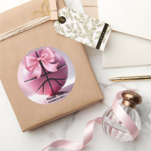 Roze Basketbal Ribbon Bow Ball Baby shower Ronde Sticker