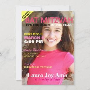 Roze bat Mitzvah Magazine Hoesje Party Invitation Kaart