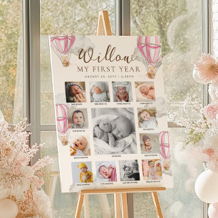 Roze Beary Eerste Verjaardag Foto Tijdlijn Poster