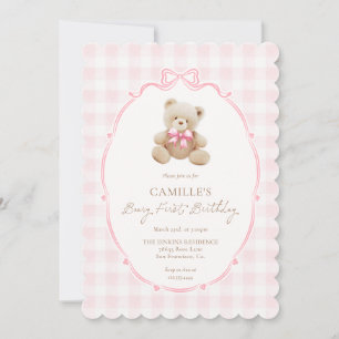 Roze Beary Eerste Verjaardagsuitnodiging Kaart