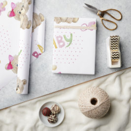 Roze Beer Baby Girl Roze Waterverf Baby shower Cadeaupapier