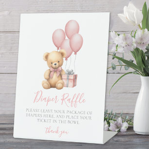Roze Beer Baby shower Luier Raffle Enclosure Kaart Reclamebord Met Voetstuk