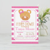 Roze Beer Baby shower Uitnodiging (Staand voorkant)