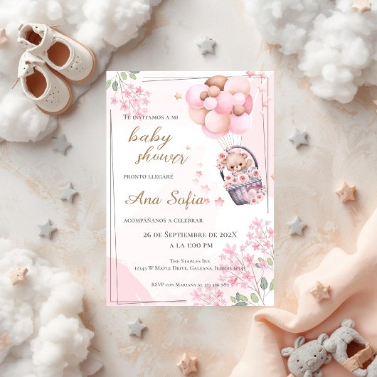 Roze beer baby shower uitnodiging