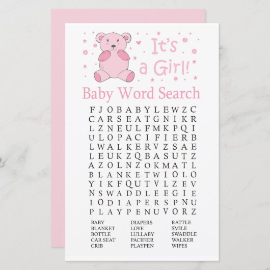 Roze beer Baby shower Word Search Game (Voorkant / Achterkant)