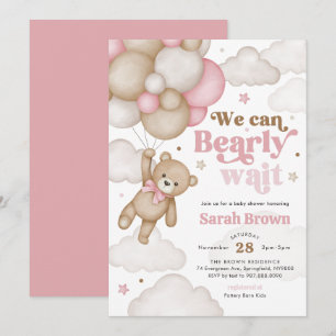 Roze Beer Ballon Baby Shower Uitnodiging
