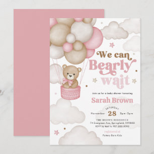 Roze Beer Ballon Baby Shower Uitnodiging