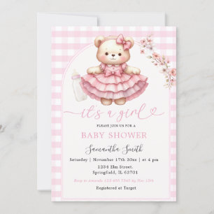 Roze Beer Fles Baby shower Meisje Roze Gingham Kaart