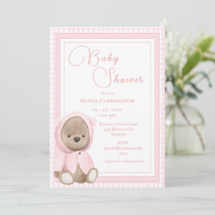 Roze Beer Gingham Vintage Baby Shower Kaart