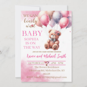 Roze Beer Hete Luchtballon Baby shower Set Invitat Kaart