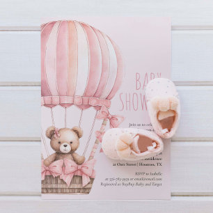 Roze Beer in Balloon Baby shower Meisje Invitation Kaart