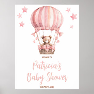 Roze Beer in Hete Luchtballon Baby shower Welkom Poster