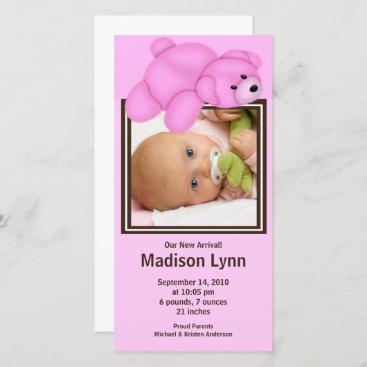 Roze Beer Meisje Geboorteaankondiging Aankondiging (Voorkant / Achterkant)