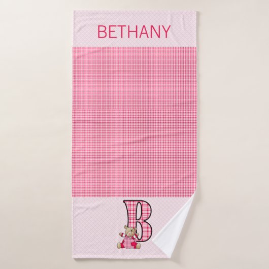 Roze Beer met letter B in Gingham Cheques Badhanddoek (Badhanddoek)
