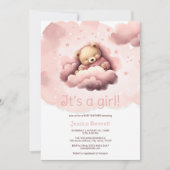 Roze beer op clouds baby shower uitnodiging (Voorkant)