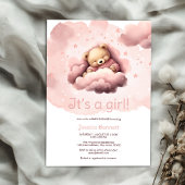 Roze beer op clouds baby shower uitnodiging