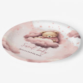Roze beer op wolken baby verjaardagsfeest bord (Gekanteld)