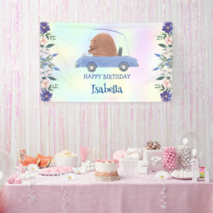 Roze Beer Race auto Tropische bloem Verjaardagsfee Spandoek