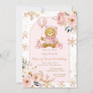 Roze Beer Winter Snowflake Beary Eerste Verjaardag Kaart