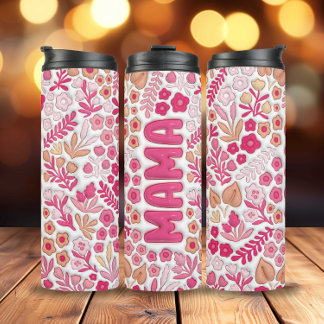 Roze Beige Boho Bloemen 3D Opgeblazen Mama Thermosbeker