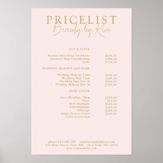 Roze & Beige-Goud Elegant, Salon Prijslijst Poster (Voorkant)
