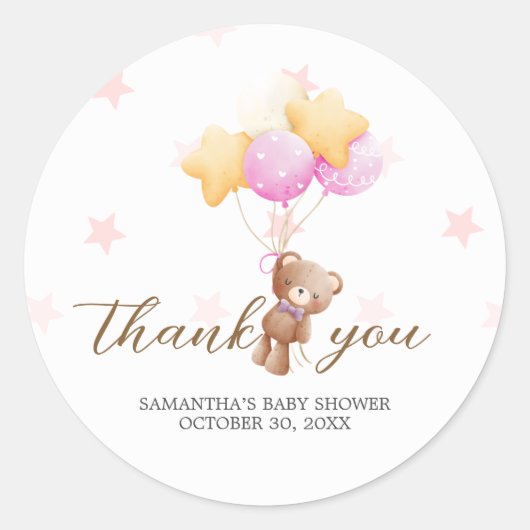 Roze Beren ballon Baby shower Ronde Sticker (Voorkant)