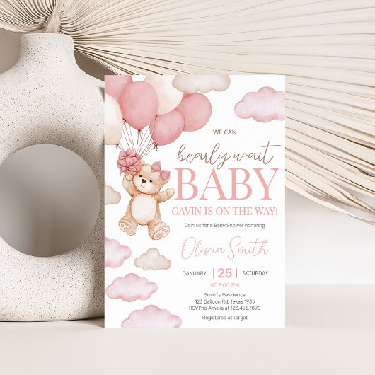 Roze Beren ballon Bearly Wait Baby shower Kaart