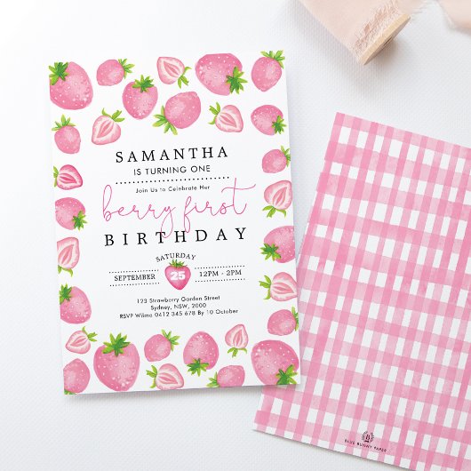 Roze Berry Eerste Verjaardag Aardbei 1e Verjaardag Kaart