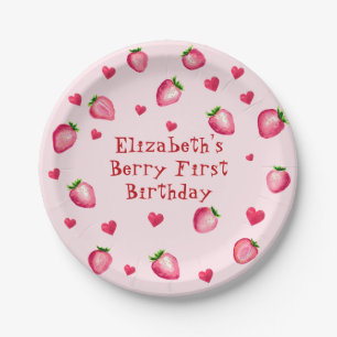 Roze Berry Eerste Verjaardag Strawberry Party Hear Papieren Bordje