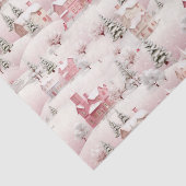 Roze besneeuwde winterdorp kerstscène tissuepapier (Detail)