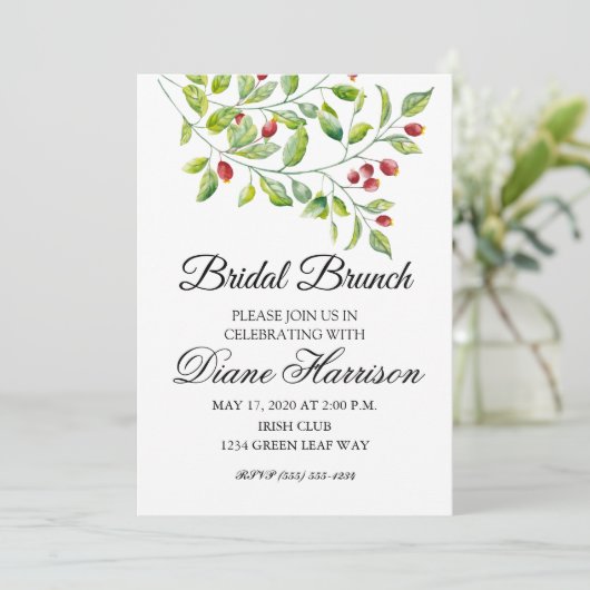 Roze bessen en groene loof bruiloft douche kaart (Staand voorkant)