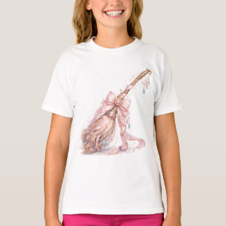 Roze Betoverde Heksenbezem Meisjes T‑Shirt T-shirt