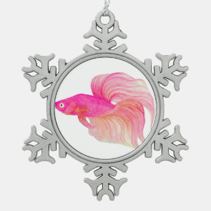 Roze Betta Fish Waterverf Tin Sneeuwvlok Ornament