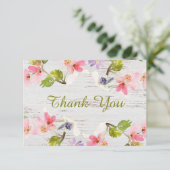 Roze bijtende Florals op wit hout Bedankkaart (Staand voorkant)