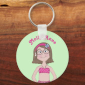 Roze Bikini, fair skin, brunette, blauw, Bob, Glas Sleutelhanger (Voorkant)