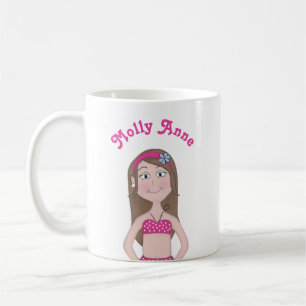 Roze bikini, lichte huid met bruin haar en blauwe koffiemok
