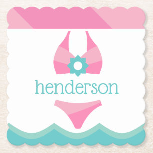 Roze Bikini-swimsuit gepersonaliseerde papieren On Kartonnen Onderzetters