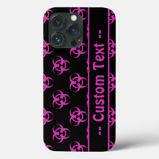 Roze biohazard met aangepaste tekst iPhone 13 pro hoesje