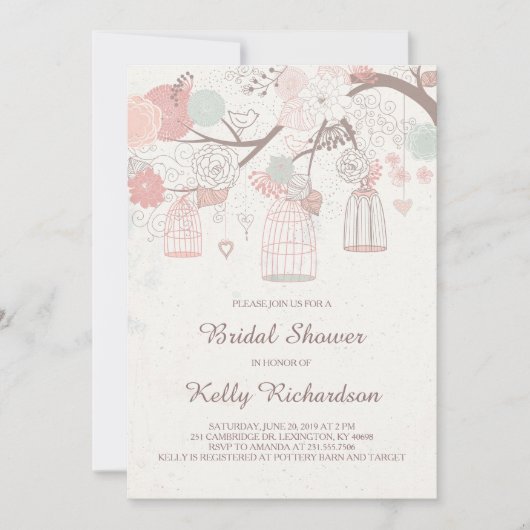 Roze Birdcage Bruids Douche Uitnodiging (Voorkant)