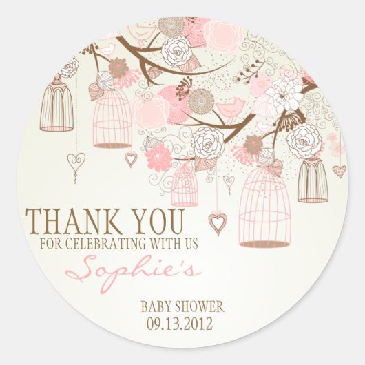 Roze  Birdcages Floral Baby shower Sticker (Voorkant)