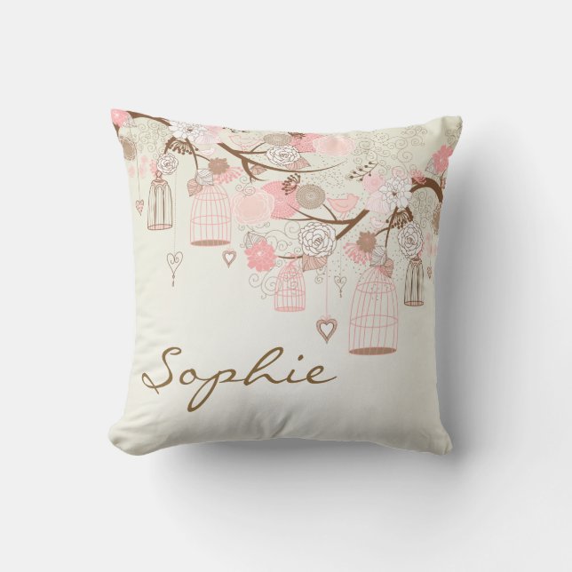 Roze  Birdcages Floral Personalized Pillow Kussen (Voorkant)