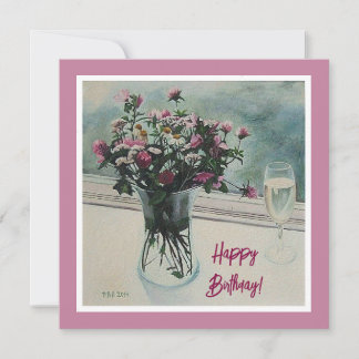  roze Birthday bloemen fijn kunstschilderij Feestdagenkaart