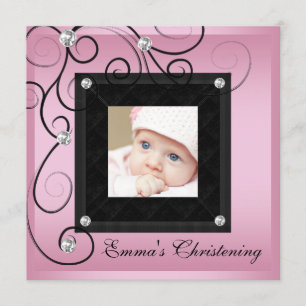 Roze Black Baby Girl Foto Christening-uitnodiginge Kaart