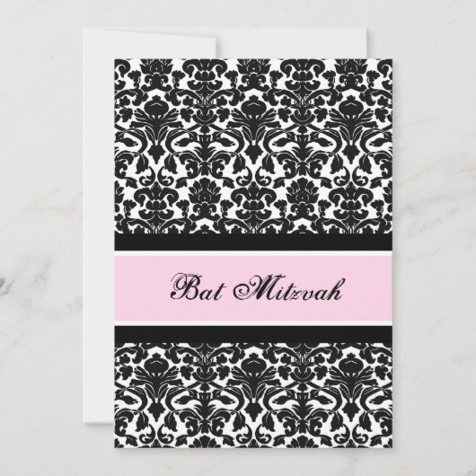 Roze Black Damask Bat Mitzvah Invitations Kaart (Voorkant)