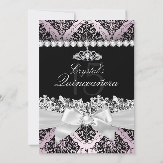 Roze Black Damask Bow Quinceanera Invite Kaart (Voorkant)