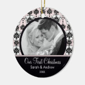 Roze & Black Damask Foto Eerste kerstversiering Keramisch Ornament (Links)